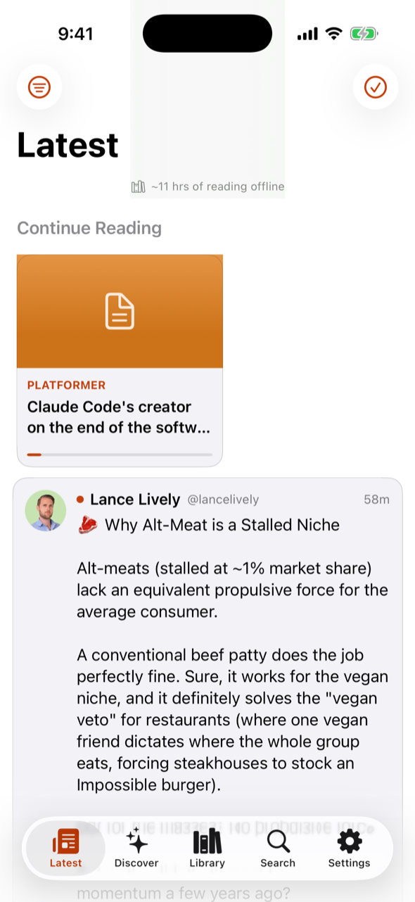 The Stacks home feed showing downloaded posts ready to read offline